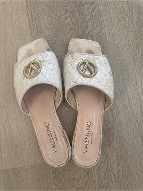 Valentino Cream Quilted Slide Mules with Gold Emblem